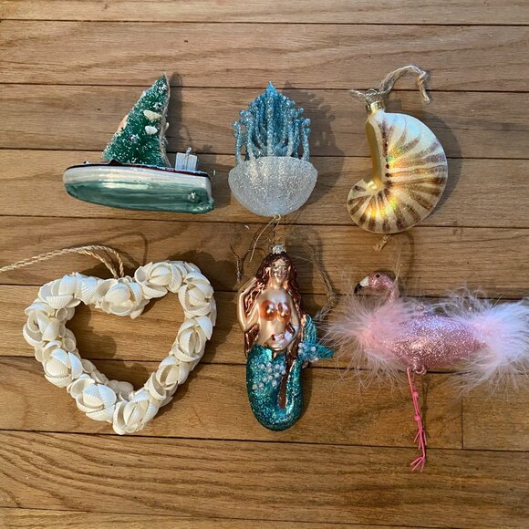 6 POTTERY BARN Coastal Nautical Ornaments - Mermaid*Shell Heart*Conch Shell+ - Picture 1 of 2